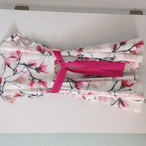 Gorgeous special occasion dress magnolia print pink waist sash flare girls 12-13
